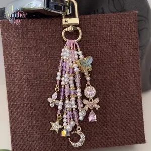 Pink & Purple Butterfly Tassel Phone Charm, Crystal Beaded Keychain with Butterfly & Moon Pendant, Elegant Phone & Bag Accessory for Women