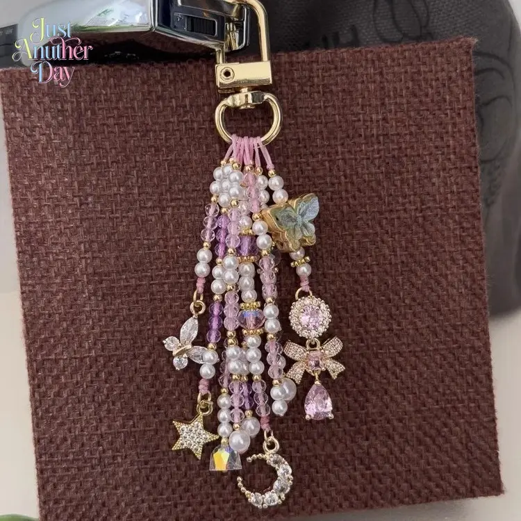 Pink & Purple Butterfly Tassel Phone Charm, Crystal Beaded Keychain with Butterfly & Moon Pendant, Elegant Phone & Bag Accessory for Women