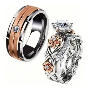 Fashion Couple Rings for Men and Women, Stainless Steel, with Stones, Suitable for Wedding, Engagement Ring, Valentine's Day Gift