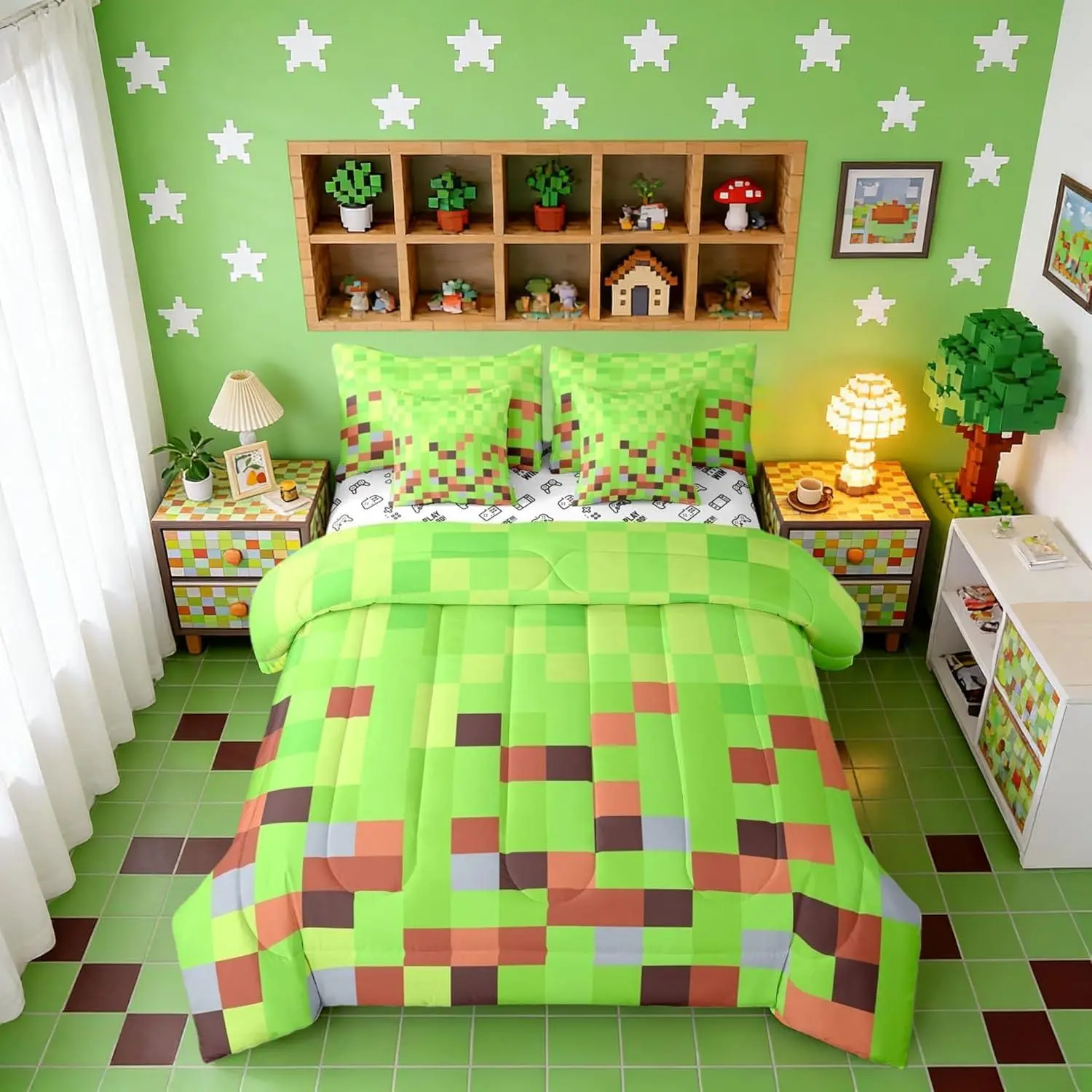 Pixelated Blocks Kids Comforter Set,7 Pieces,Gamepad Miners Video Games Bed Set,Geometric Camouflage Grid Bedding Set,(1 Comforter,2 Pillowcase,2 Pillow Covers,1 Flat Sheet,1 Fitted Sheet)