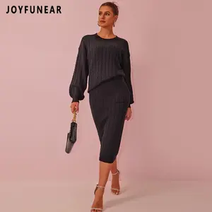 [US shipping]Joyfunear Ladies' casual pure-color knitted sweater & mid-length skirt set