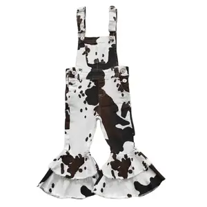 FS Kids Girl Denim Jumpsuit Cow Print Girl Overalls Toddler Girl Clothes Bell Bottom Jeans P0084