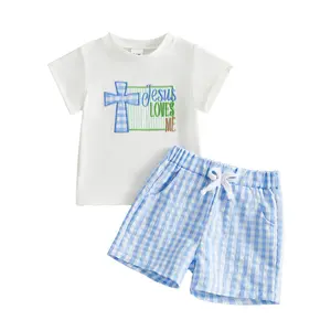 Babamoon 2Pcs Toddler Boy Easter Outfits Short Sleeve Jesus Love Me Cross Embroidery Polo Shirt Tops and Plaid Shorts Clothing Set 6M-4Y