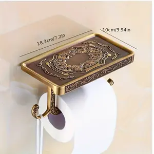 Vintage Brass Toilet Paper Holder with Shelf - Elegant Wall-Mounted Antique Tissue Roll Dispenser, Metal Construction with Self-Adhesive Installation - Bathroom Accessory for Halloween, Christmas Decor