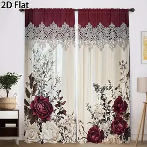2D Flat 2Pcs Floral Lace Print Curtains, Elegant Window Drapes with Burgundy Roses & White Flowers, Ideal for Living Room, Bedroom Home Decor, Sheer, Blackout, Treatments Translucent tube bag design