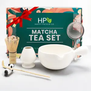 HAPPY PATH & CO Matcha Whisk Set – 6 Pcs Matcha Tea Set Includes Bamboo Whisk(Chasen) with Holder, Bowl with Spout,Sifter,Scoop & Stand | White Matcha Making Kit - Perfect Matcha Set for Matcha Lovers