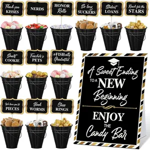 25 Pcs Graduation Candy Buffet Party Decoration, Candy Bar Snack Labels Signs & 5'' Handled Buckets for Class of 2026 High School College (Pure Style, Black)