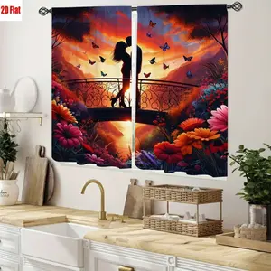 2D Flat 2Pcs Vibrant Sunset Bridge Scene Curtain with Butterflies and Flowers, Spring Festival Decor, High-Resolution Artwork, Romantic Landscape Style, All-Season Curtains for Home Living Room Bedroom Balcony