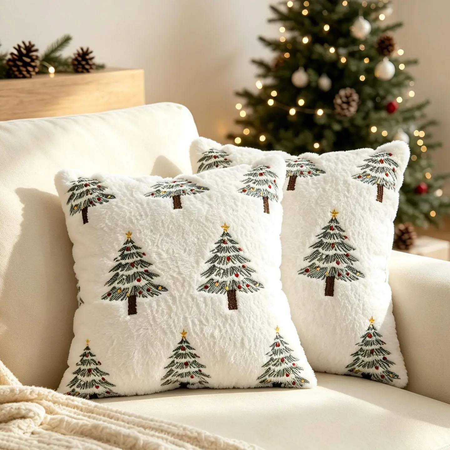 Cozy Durable Embroidered Green Christmas Throw Pillow Covers, Faux Fur Cushion Cases for Home Couch Bedroom Decor, 18x18 in Set of 2 (Christmas Decor DIY Specialty Supplies), Holiday