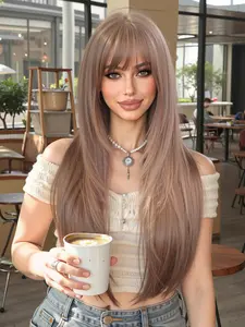 Bright Honey Blonde Long Wig with Bangs, Stylish Synthetic Hair for Women, Perfect for All Seasons and Festivals, Synthetic Material Wigs