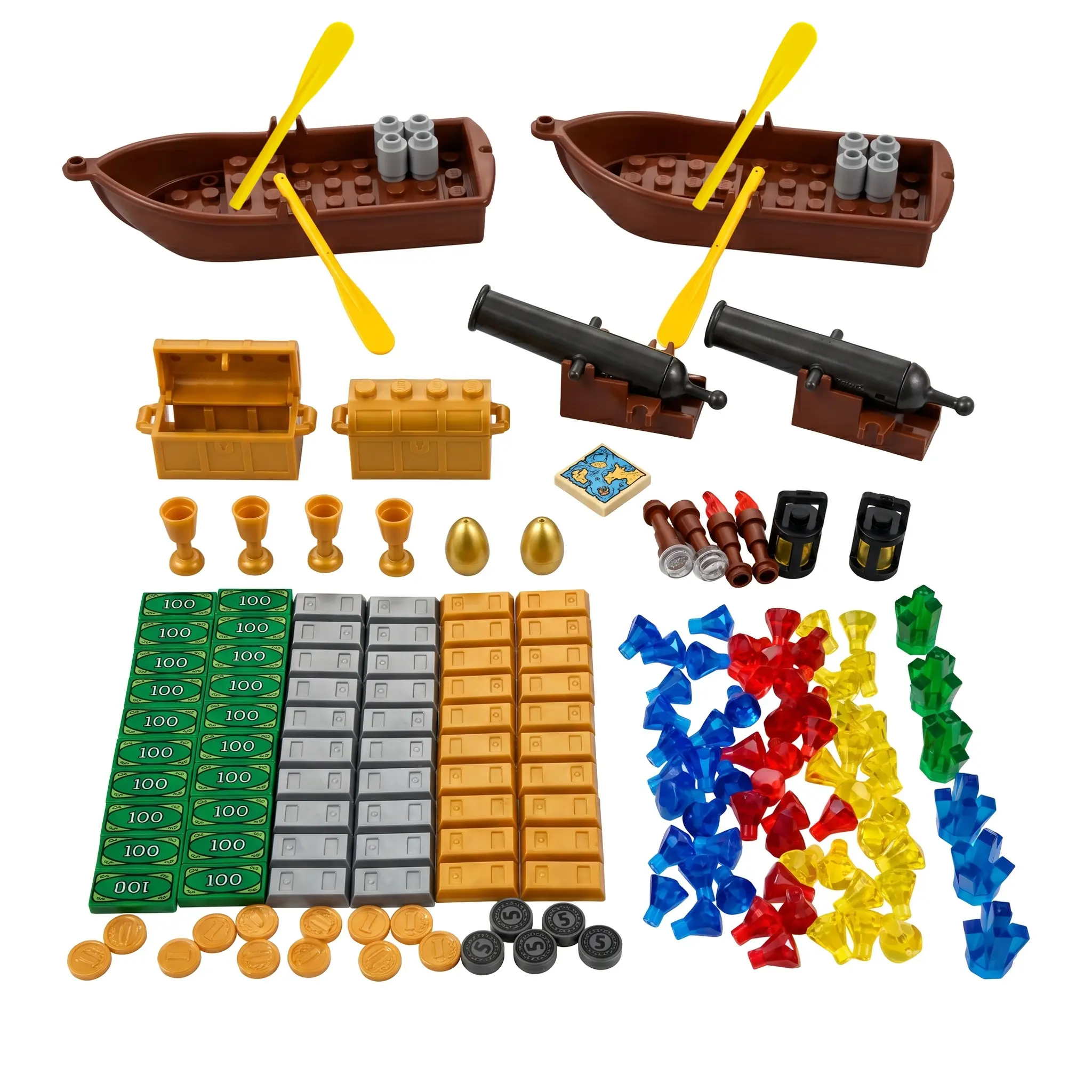 Ideamoc Treasure Chest Building Blocks Set for Boys - Includes Pirate Accessories, Gold Bars, Gems, Diamonds, Jewels, Coins, Map, Artillery, Goblets, 2 Rowboats, 2 Cannons, Boat, Ship - Transportation Toy Gift, Treasure Chests