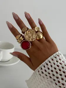 7 Pieces Vintage Fashion Geometric Gemstone Inlaid Ring Set, Stacking Ring Set, Women's Bold Metal Rings, Perfect for Daily Wear and Party Jewelry Gifts, Geometric Design Ring