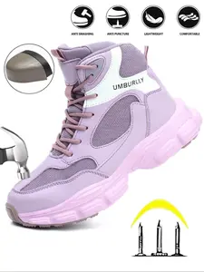 Women's Fashionable Letter Design High Top Safety Shoes, Casual Comfortable Breathable Anti-smash and Anti-puncture Shoes, Female All-match Round Toe Shoes for Work, Steel Toe Boots Lady