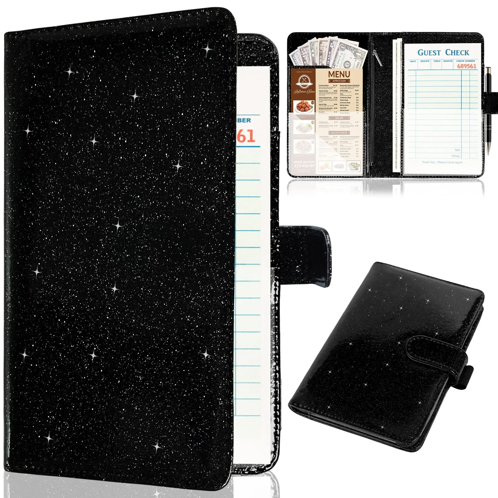 Server Book For Waitress Leather Waiter Organizer With Zipper Pocket  Bling Money Wallet And Pen Holder Restaurant Waitstaff Glitter Black