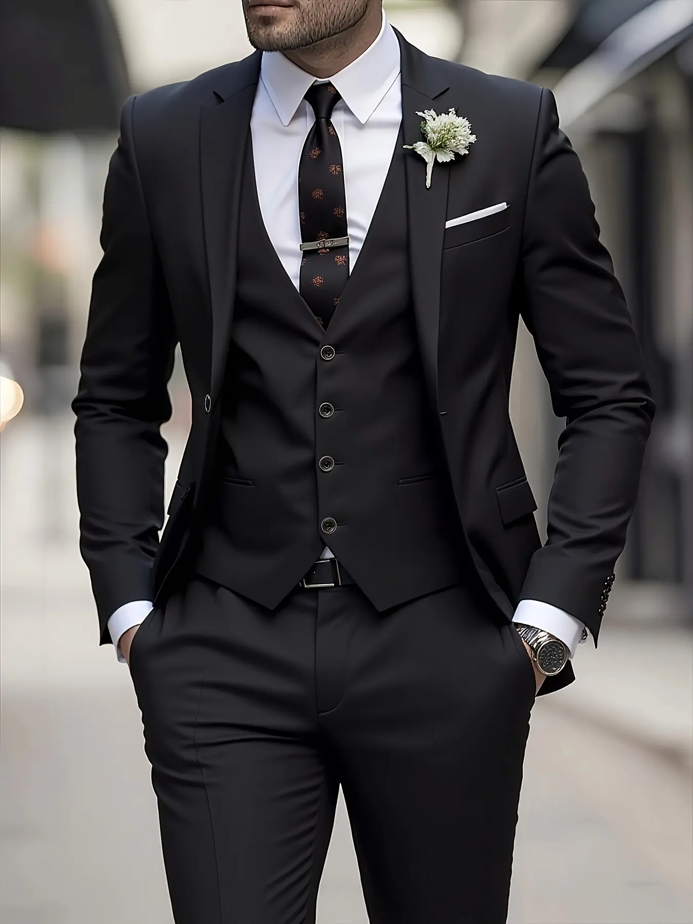 Elegant Men'S 3pcs Suit - Slim Fit Tuxedo Set for Weddings & Formal Occasions, Black Suit with Long Sleeve White Shirt & Pants, Perfect for Office Meetings and Elegant Events, Formal Attire, Business Wear Suit|Slim Fit Suit|Durable Wedding Wea Formal Wear