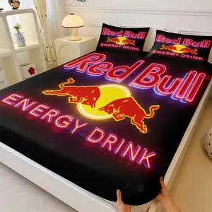 Red Bull Official Inspired 3D Print Fitted Sheet Set, Include One Bedspread and Two Pillowcases, Racing Fans Exclusive Motorcade Theme Bedroom Bedcap Decor, All Seasons Use Breathable Material Mattress Cover