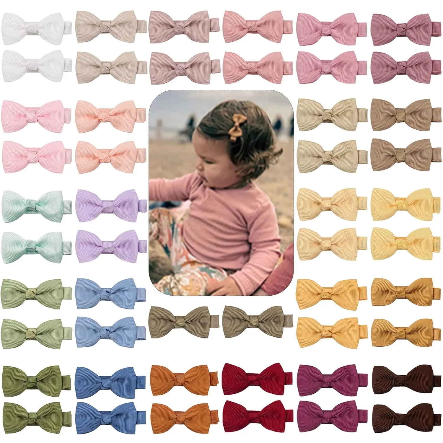 50PCS Mini Bow Hair Clips Set, Fully Lined Non-Slip Ribbon Alligator Hair Clips, Assorted Color Hair Accessories for Everyday Styling
