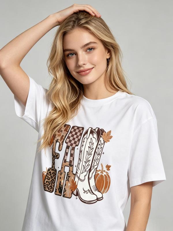 Women's Pure Cotton Oversized Short Sleeve Crew Neck Fall T-Shirt - Pumpkin Pattern, Graphic Print, Cowboy Boots Western Design