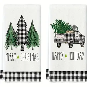 Christmas Themed Kitchen Towel, 2 Counts/set Truck & Tree Pattern Kitchen Towel, Kitchen Decoration, Festive & Party Supplies