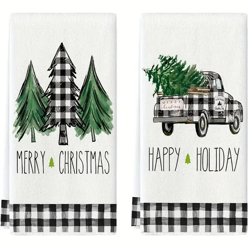 Christmas Themed Kitchen Towel, 2 Counts/set Truck & Tree Pattern Kitchen Towel, Kitchen Decoration, Festive & Party Supplies
