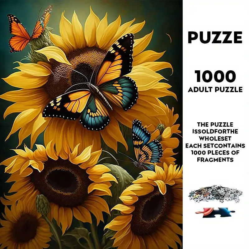 1000 Piece Large Size Paper Jigsaw Puzzle Set, Creative Puzzle, Puzzle Game, Sunflower Butterfly Theme, DIY Handmade, Durable Seamless Design, Halloween Thanksgiving Easter Gift