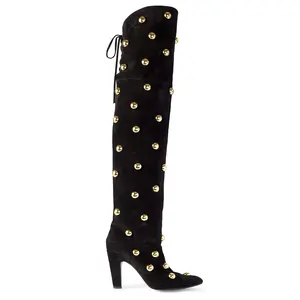 RONILURN Women's Gold Studded Over The Knee Boots Black Suede Pointed Toe Chunky Heel Thigh High Boots for Party Night Out