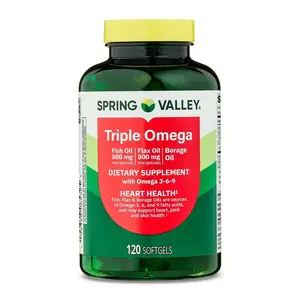 Spring Valley Triple Omega 3-6-9 Fish 800mg Flax 800mg & Borage Oil Softgels - Heart Health Supplement 120 Count - Healthcare Dietary Product Fitness