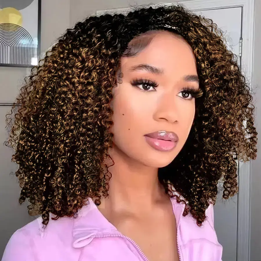 Tuneful Colored Kinky Curly Half Wig T1B/4 Human Hair 3 In 1 Wear Go Glueless Wig For Black Woman No Lace Seamless Flip Over Beginner Friendly
