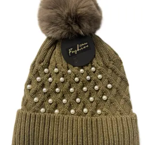 Brown Beanie with Pearl Embellishments and Faux Fur Pom Pom for Winter Fashion