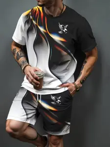 Men's Summer Sports Set, 3D Printed Fashion Casual Clothing, Drop Waist Track Shorts, Short Sleeve Crop Tee, Fitted All over Print Suit