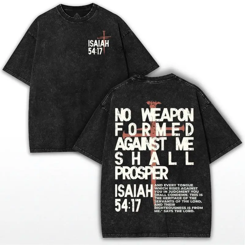 No Weapon Christian Washed T-Shirt, Oversized Faith Tee, Unisex Streetwear Jesus Shirt, Bible Verse Graphic Top for Men and Women Cotton Menswear Basic Dress women's and men's tops TikTokShop Black Friday