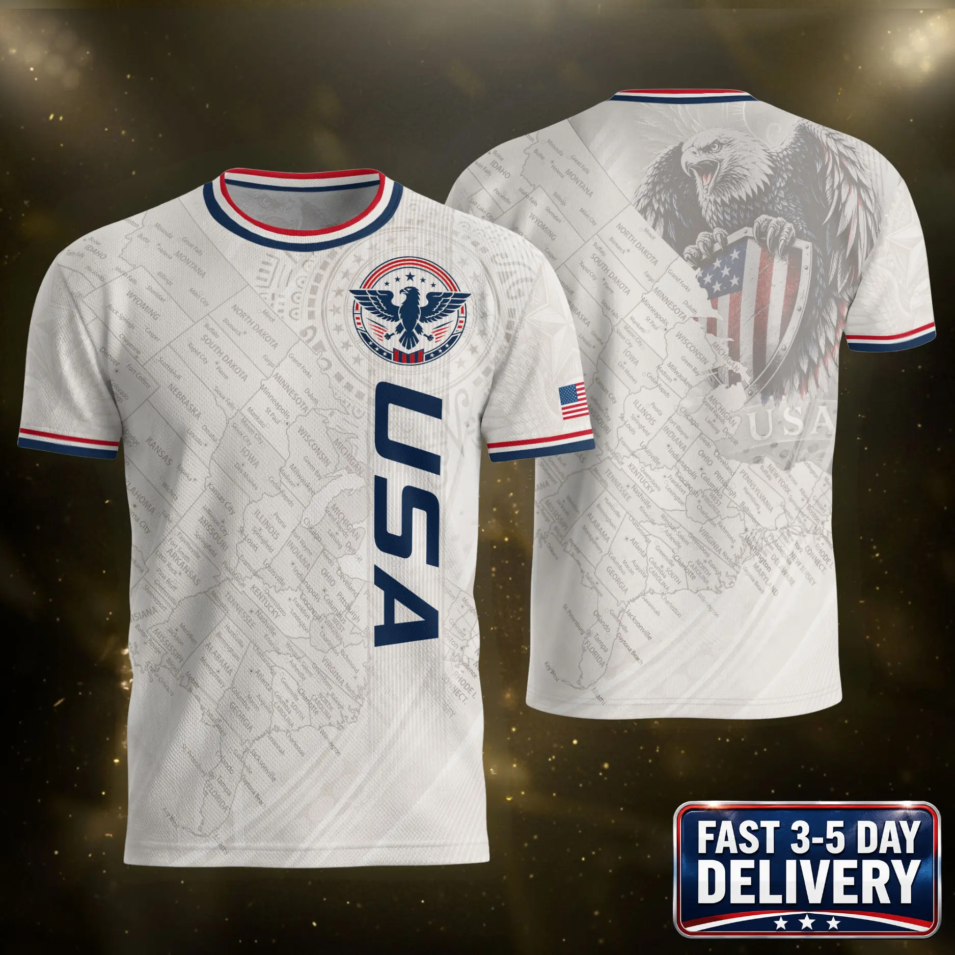 White USA Soccer Fan Jersey for Men Women, American Eagle Patriotic Sports Shirt, USA Map Graphic