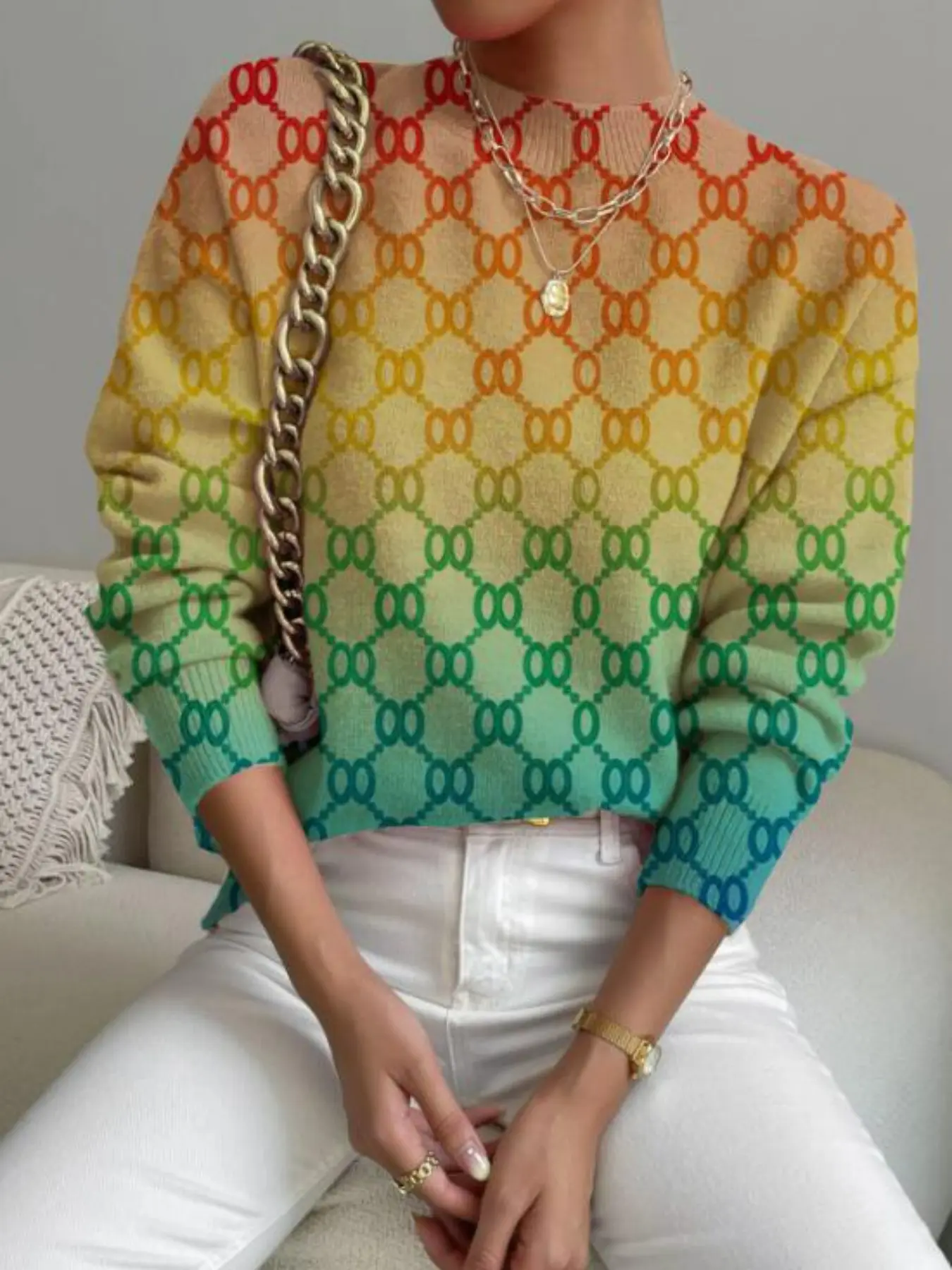 Women's Geometric Printed High Neck Long Sleeve Sweater Top, Fitted Warm All Season Knitwear, Elegant Casual Fashion Pullover, Knitted Casual Top
