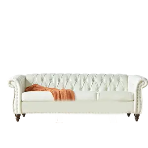 Giratree Furniture 84" 3-Seater Leather Sofa | Button-Tufted Back + Nailhead Trim + Rolled Arms | Chesterfield Couch for Living Room, Office, Lounge & Studio