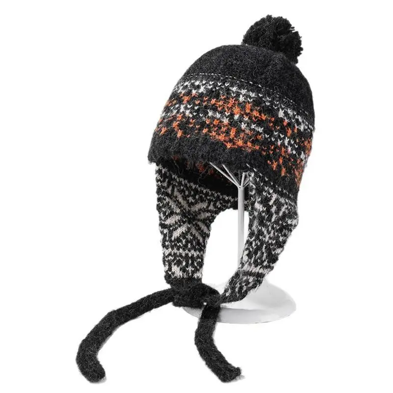Women’s cozy winter knit hat with ear flaps, soft wool beanie with fluffy pom pom, thick warm cap for snow days, skiing, hiking, outdoor adventures & daily cold weather commuting