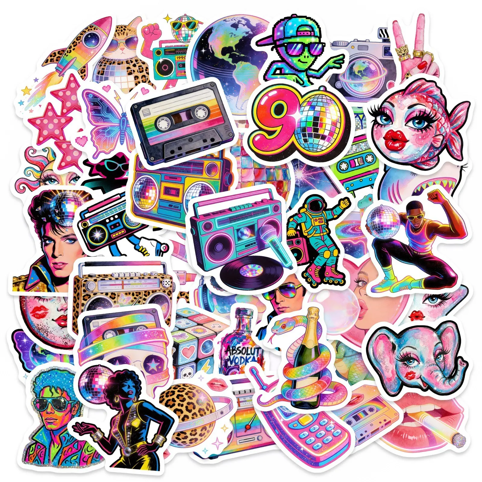 50pcs 90s Disco Retro Graffiti Stickers, Includes Sticker, Suitable for Scrapbooks, Water Bottles, Cars, Etc., Featuring Designs Based on Faith and Conveying Positive Messages, Car Decorative Stickers, Decals