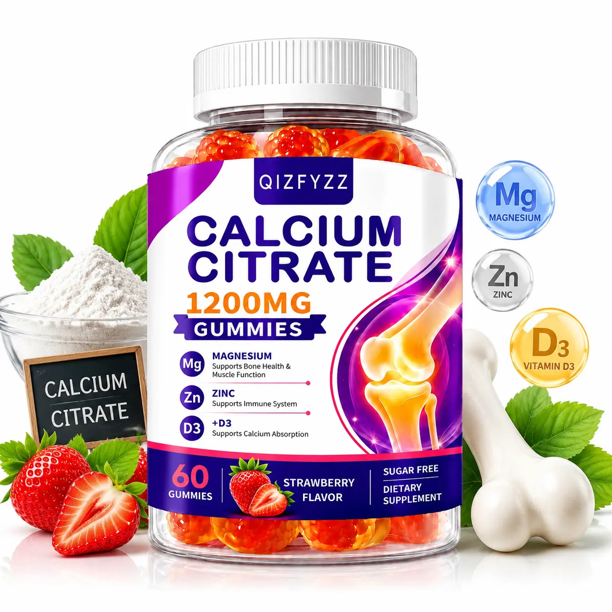 Calcium Citrate Gummies 1200mg, Sugar Free Calcium Supplement with Magnesium, Zinc & Vitamin D3, Strawberry Flavor, 60 Gummies for Daily Bone & Wellness Support