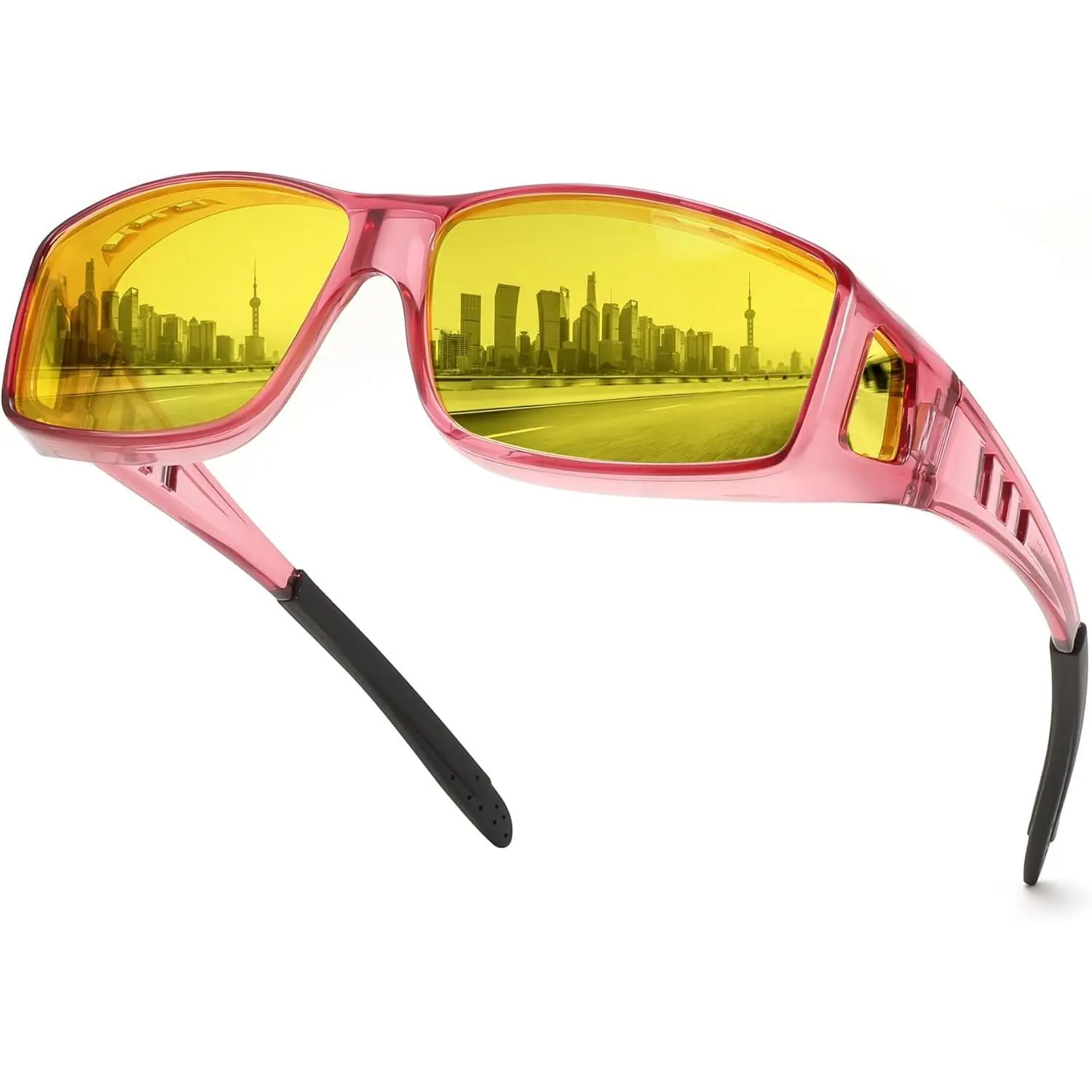 EyeconicFinds Men Night Driving Glasses,Fit Over Sunglasses Yellow Lens, Anti Glare Polarized HD Night Vision Glasses B0225 Modern
