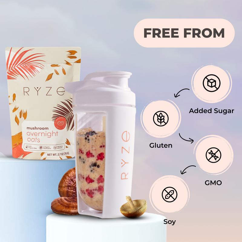 RYZE Mushroom Overnight Oats, Oatmeal with 6 Adaptogenic Mushrooms and 20g Grass-Fed Whey Protein & Chia Seeds, Turkey Tail, Shiitake, Lion's Mane, Reishi, Cordyceps, Healthy Breakfast, 14 servings