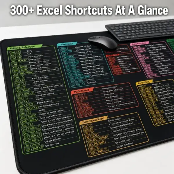 Excel Shortcut Keys Mouse Pad (31.5 x 11.8 Inch): Extended Large XL Gaming Office PC Desk Mat, Office Spreadsheet Cheat Sheet Keyboard Mousepad, Waterproof Non-Slip Rubber Base Stitched Edge Desk Pad for Laptop Computer