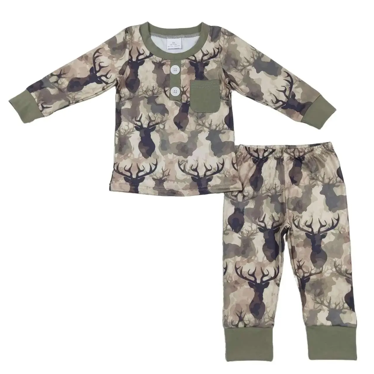 Kids Boy Camo Pajamas Set Deer Hunting Pockets Sleep Wear Winter Clothing