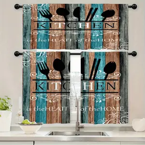 1/2pcs Set of Kitchen Curtains Featuring Kitchenware Designs on a Blue And Brown Background for Home Decor