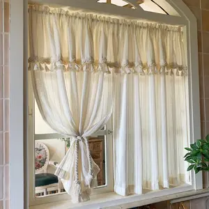 Japanese Style Thick Striped Cotton Linen Curtains, Flax Texture with Tassels Decor, Bedroom Living Room Balcony Window Drapes Home Textile