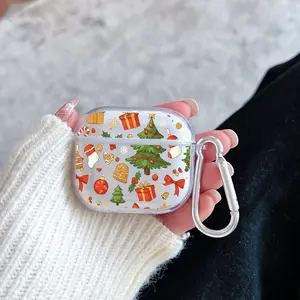 Christmas Colorful Stories Pattern TPU Soft Protective Case for Apple AirPods 4/3/2/1/Pro/Pro2 Transparent Earphone Cover with Keychain Attachment