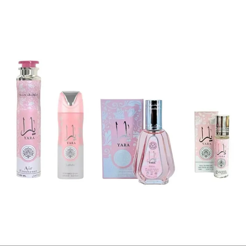 Lattafa Perfumes | 4pc Yara Set | Yara 50 ml + Yara Air Freshener 300 ml + Yara Body Spray 200 ml + Yara oil 10 mi | Women's Fragrance| Orchid-Gourmand Accord & Vanilla
