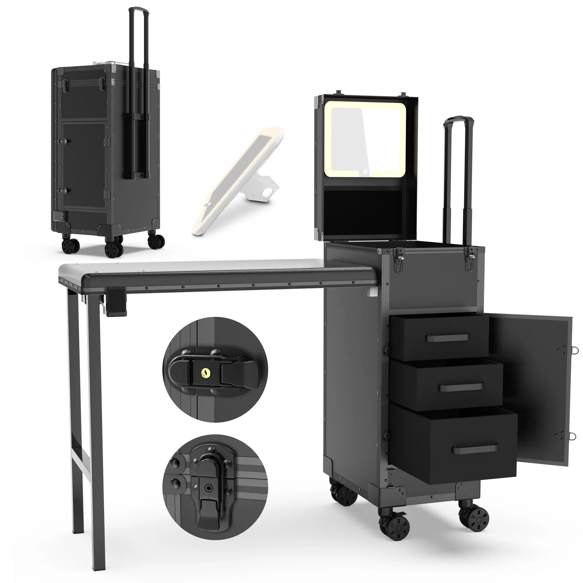 EasyinBeauty Portable Manicure Table with LED Mirror, Rolling Nail Desk with Drawers & Storage, Foldable Mobile Nail Station