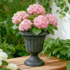 Classic Traditional Vintage Black Plastic Urn Planter Tall Indoor Outdoor Garden Decor Durable Weather Resistant Plant Pot for Patio Balcony Lawn Home Decoration Elegant Curved Design with Sturdy Base