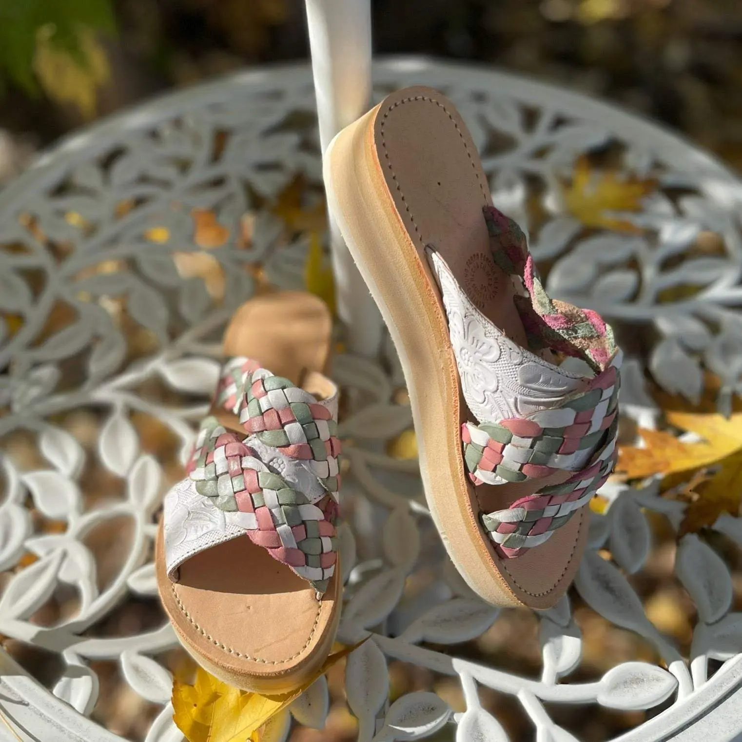 Sofia Platform Tooled Braided Leather Huarache Sandals - White, Green & Pink Pastels