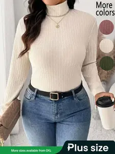 【Plus Size】1 Piece Women's Beige Turtleneck Ribbed Knit Top, Elegant Casual Style, Slim Fit & Soft Stretchy Fabric, Perfect for Layering or Stand-Alone Wear, Suitable for Women's Daily Office