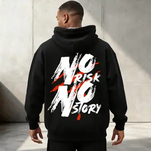 Men's "No Risk No Story" Edgy Slogan Graphic Hoodie - Golden, Ribbed Hem, Slimming Aesthetic, Bold Motivational Cotton Top, Comfy Oversized Fit, Smooth Fabric, Sporty Casual Denim Trench-Inspired Menswear Essential for Risk-Takers